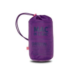 A packable jacket in purple fabric, featuring a logo and drawstring closure for compact storage.
