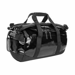 A black duffle bag with sturdy handles and zippers, featuring a glossy finish and an attached tag.