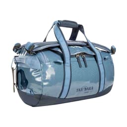 A blue duffle bag with multiple handles and zippers, featuring a logo. The design showcases a glossy finish.