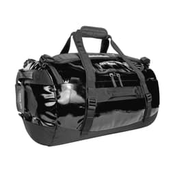 A black duffel bag with glossy finish, featuring multiple handles and zippers. It has a branding logo.