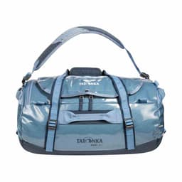 A blue duffle bag with a water-resistant finish and multiple straps, featuring a logo on the front.