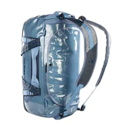 A blue waterproof duffel bag with straps and a transparent side, featuring a logo. Ideal for outdoor activities.