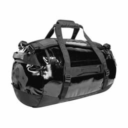 A black duffel bag featuring multiple handles and adjustable straps, made from glossy material with a sturdy design.