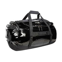 A black duffel bag with glossy finish, featuring multiple straps and compartments, including a logo.
