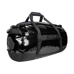 A black, glossy barrel bag with handles and straps, featuring a prominent logo. Ideal for carrying various items.