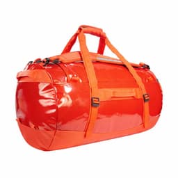 A bright orange, glossy duffle bag with multiple straps and a sturdy design. It features a logo on the side.