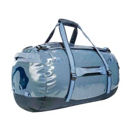A duffle bag in shades of blue with multiple straps and a logo.