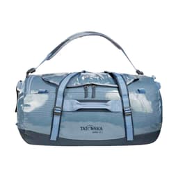 A blue duffel bag with a shoulder strap and multiple compartments. It features a logo on the front.