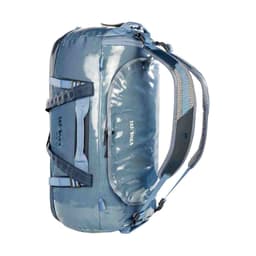 A durable blue and transparent barrel bag with adjustable straps and a logo. Ideal for carrying various items.