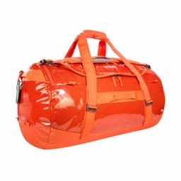 An orange duffle bag with multiple handles and a glossy finish, featuring a zippered compartment.