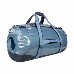 A blue duffel bag with a glossy finish, featuring webbing straps and handles, and a small logo.