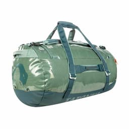 A duffel bag in green tones with a glossy finish and sturdy handles, featuring a logo.