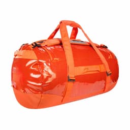 An orange duffel bag with a glossy finish and sturdy straps, featuring multiple compartments and a logo.