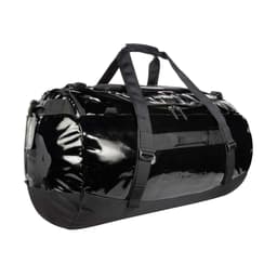 A large black duffel bag with shiny and matte finishes, featuring sturdy handles and zippers, includes a logo.