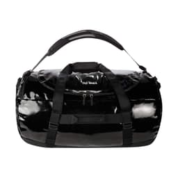 A black duffle bag with a glossy finish, featuring a shoulder strap and front zip pocket. It has a logo on the front.