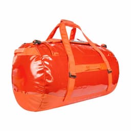 An orange duffel bag with a glossy finish and multiple carrying straps. It has a logo on the side.