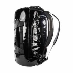 A duffel bag in shiny black with adjustable straps and a mesh panel. It features a glossy finish and sturdy handles.