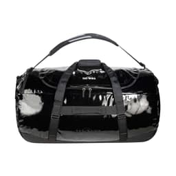A black duffel bag with a glossy finish, featuring black straps and a logo on the front.
