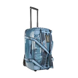 A wheeled duffle bag in blue with multiple straps and a logo, designed for transport and storage.