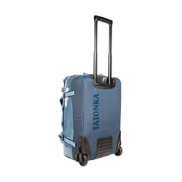 A blue rolling suitcase with a retractable handle and wheels, featuring a logo on the side.