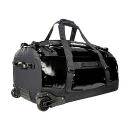 A black travel bag with wheels and handles, featuring a shiny exterior and sturdy straps for carrying.