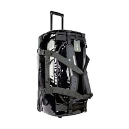 A black wheeled duffle bag with sturdy straps and handles, featuring a logo and a sleek design.