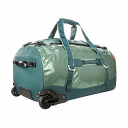 A duffle bag with wheels, featuring a green and teal design, sturdy handles, and a logo.