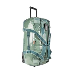 A travel bag with wheels and a retractable handle in a green hue, featuring multiple straps and a logo.