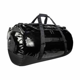 A black duffel bag with dual handles, adjustable shoulder strap, and a zipper closure, featuring branding.