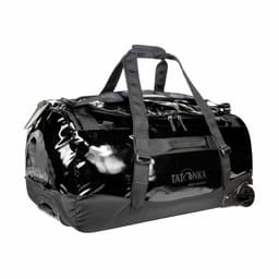 A black duffel bag with glossy finish, featuring multiple straps and a branding logo.