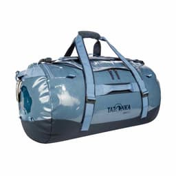 A blue duffel bag with a glossy finish and multiple handles, featuring a logo on the side.