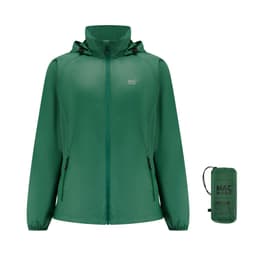 A green packable jacket displayed with a matching storage pouch. The jacket features a hood and has a logo.