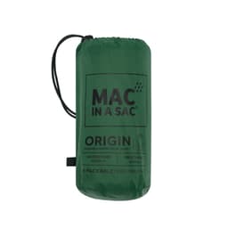 A packable green jacket in a compact storage pouch, featuring a logo and waterproof specifications.