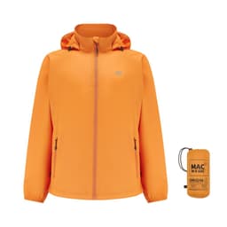 An orange packable jacket with a hood, featuring zippered pockets and a small storage pouch. It has a logo.