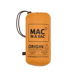 An orange packable jacket stored in a compact pouch with a drawstring, featuring a logo and product details.