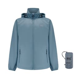 A packable jacket in light blue with a hood, accompanied by a compact pouch featuring a logo.