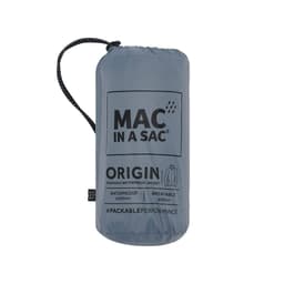 A packable waterproof jacket in a grey storage pouch with a drawstring and branding.