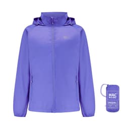 A purple packable jacket displayed with a matching storage pouch. The jacket features a hood and zippered pockets.