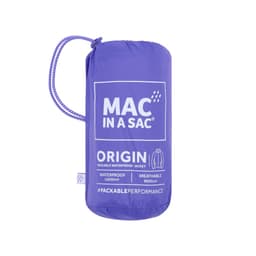 A packable jacket in vibrant purple stored in a compact pouch with a logo. Features waterproof and breathable materials.