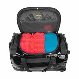 A duffel bag in black with clothing neatly packed inside, featuring a zipped opening. It has a logo on the top.
