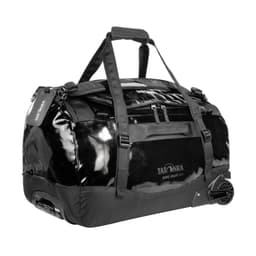 A black duffel bag with wheels and handles, featuring a logo and durable material.