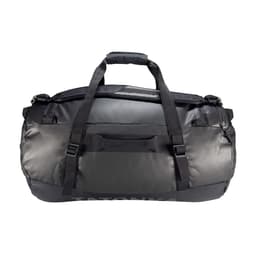 A sturdy black duffle bag with adjustable straps and a top handle, featuring a logo on the front.