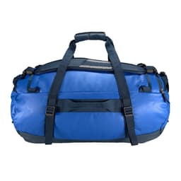 A blue and navy duffel bag featuring multiple straps and a sturdy design, with a logo on the exterior.