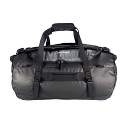 A travel bag in black with dual handles and adjustable straps, featuring a secure zippered compartment and branding.