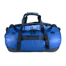 A blue duffel bag with dark blue accents, featuring sturdy handles and a front zipper pocket. It includes a logo.