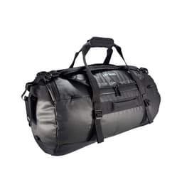 A black duffel bag with sturdy straps and zippered compartments. It features a logo and a durable design.