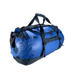 A blue duffel bag with multiple straps and a logo, featuring a large main compartment and side pockets.