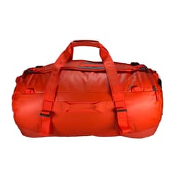 A sturdy red duffel bag with dual handles and exterior zippers, featuring adjustable shoulder straps and a logo.