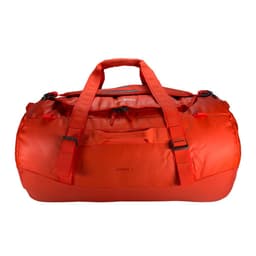 A duffel bag in bright orange with dual handles and zippered compartments. It features a logo on the front.