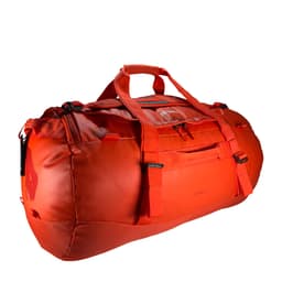 A bright red duffle bag with multiple handles and zippers, featuring a durable design and a single logo.